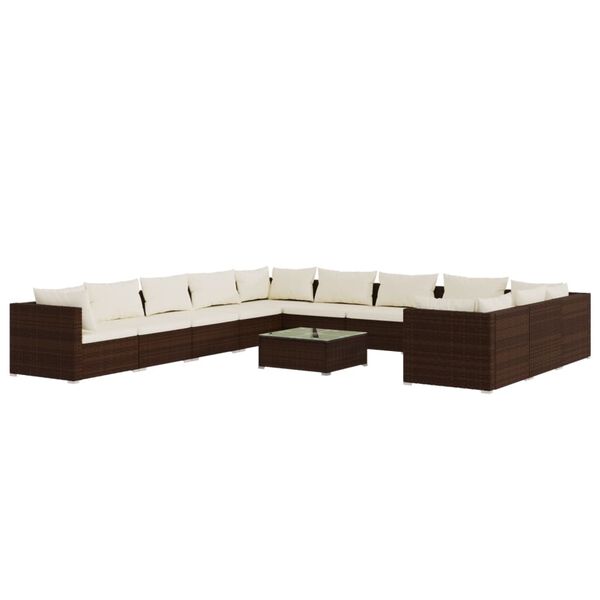 vidaXL Set muebles de jard&iacute;n 12 pzas y cojines rat&aacute;n sint&eacute;tico marr&oacute;n