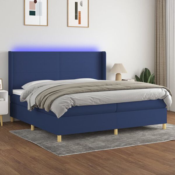vidaXL Cama box spring colch&oacute;n y luces LED tela azul 200x200 cm