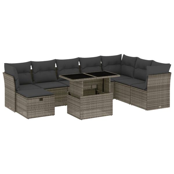 vidaXL Set de muebles de jard&iacute;n 9 pzas y cojines rat&aacute;n sint&eacute;tico gris
