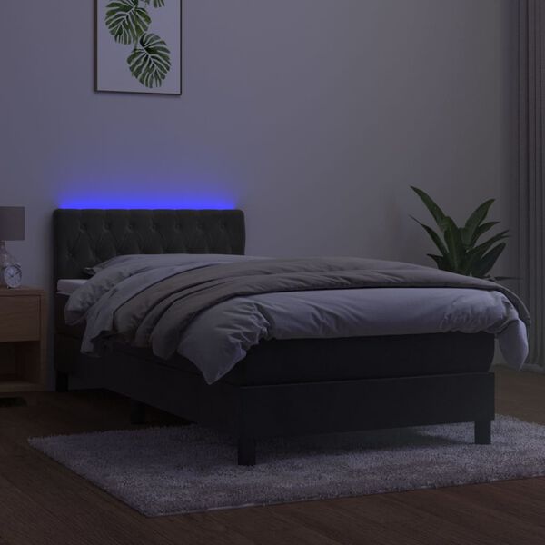 vidaXL Cama box spring colch&oacute;n y LED terciopelo gris oscuro 90x200 cm