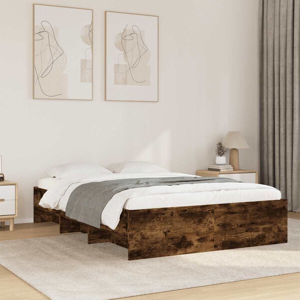 vidaXL Estructura de cama madera de ingenier&iacute;a roble ahumado 135x190cm
