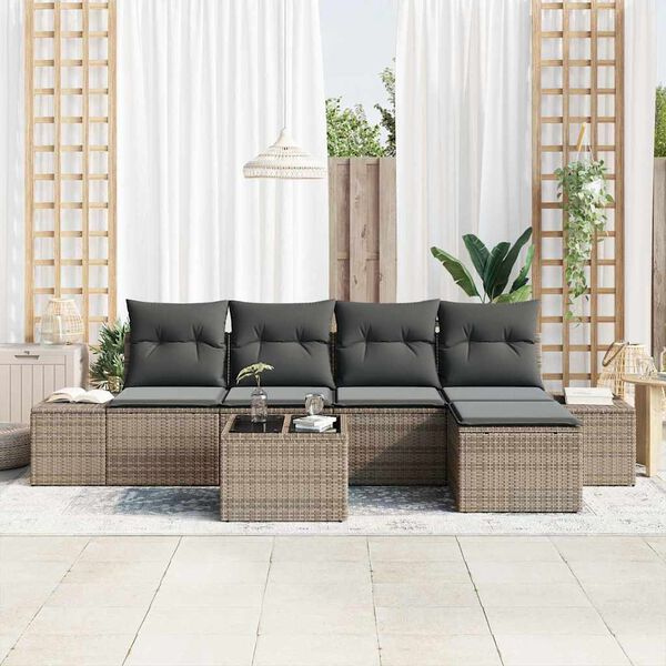 vidaXL Conjunto de sof&aacute; de jard&iacute;n con coj&iacute;n 6 pcs Gris rat&aacute;n sint&eacute;tico