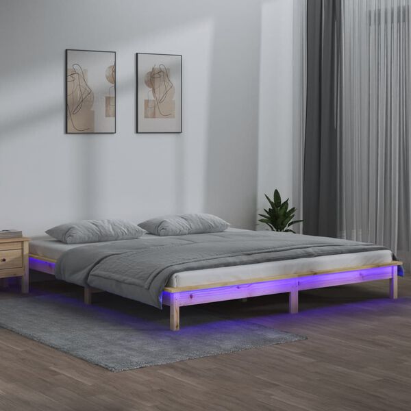 vidaXL Estructura de cama LED sin colch&oacute;n madera maciza 140x190 cm