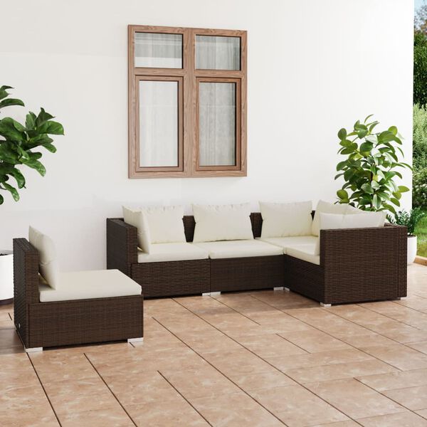 vidaXL Set muebles de jard&iacute;n 5 piezas y cojines rat&aacute;n sint&eacute;tico marr&oacute;n