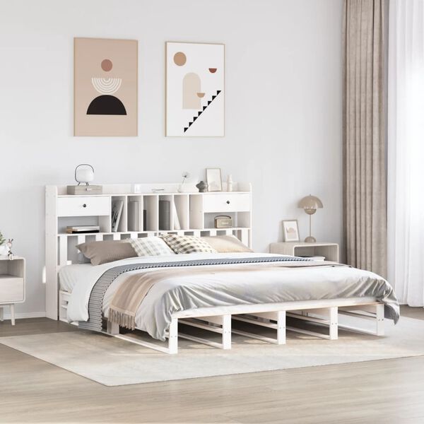 vidaXL Cama con estanter&iacute;a sin colch&oacute;n madera maciza blanca 180x200 cm