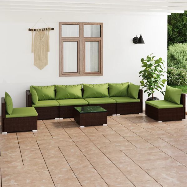 vidaXL Set muebles de jard&iacute;n 7 piezas y cojines rat&aacute;n sint&eacute;tico marr&oacute;n