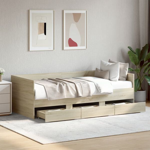 vidaXL Sof&aacute; cama con cajones sin colch&oacute;n roble Sonoma 75x190 cm