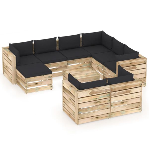 vidaXL Muebles de jard&iacute;n 10 piezas con cojines madera impregnada verde