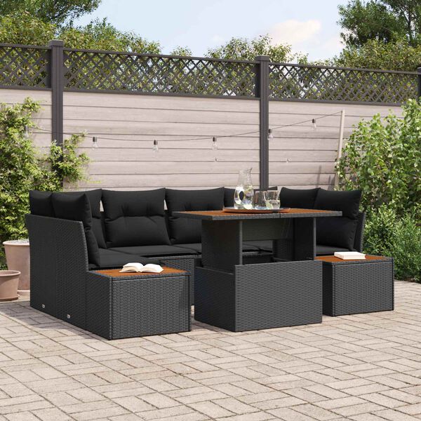 vidaXL Conjunto de sof&aacute; de jard&iacute;n 7 pcs Negro Polirat&aacute;n
