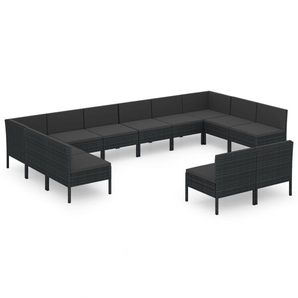 vidaXL Set muebles de jard&iacute;n 12 pzas y cojines rat&aacute;n sint&eacute;tico negro