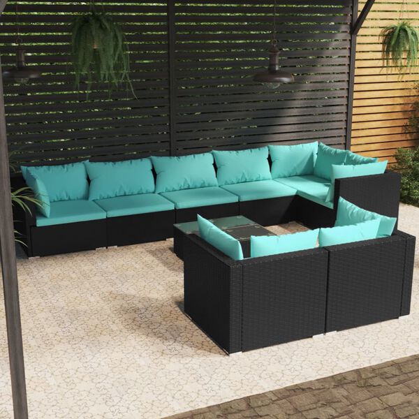 vidaXL Set de muebles de jard&iacute;n 9 pzas y cojines rat&aacute;n sint&eacute;tico negro