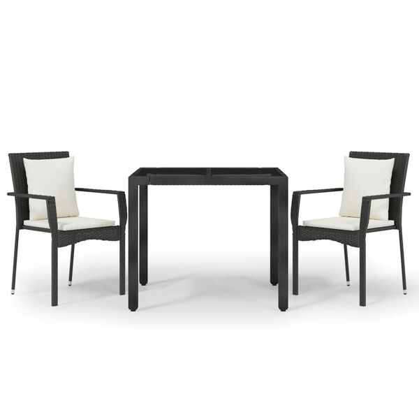 vidaXL Set comedor de jard&iacute;n 3 pzas con cojines rat&aacute;n sint&eacute;tico negro