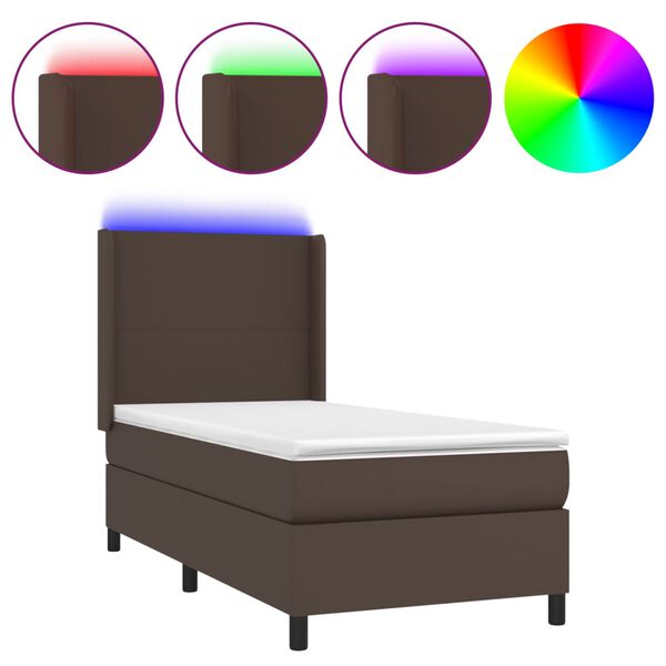 vidaXL Cama box spring colch&oacute;n y LED cuero sint&eacute;tico marr&oacute;n 100x200 cm