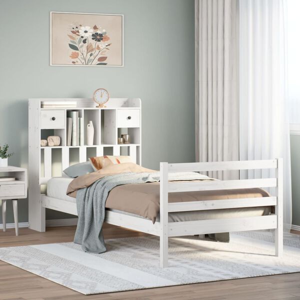 vidaXL Cama con estantería sin colchón madera maciza blanca 75x190 cm