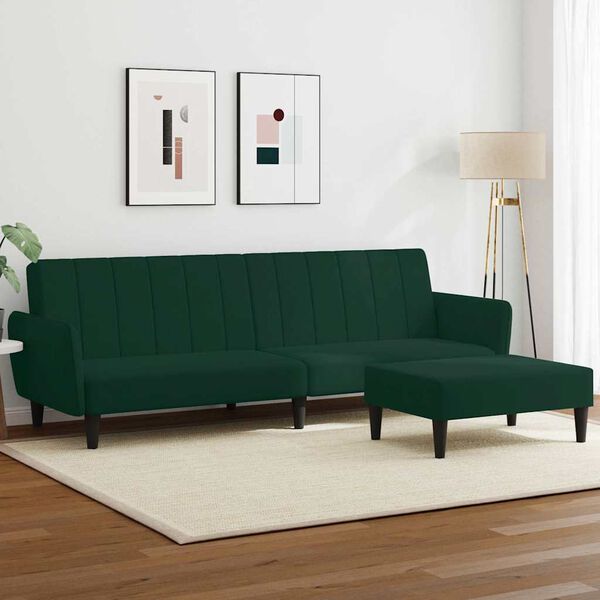 vidaXL Sof&aacute; cama de 2 plazas con taburete terciopelo verde oscuro