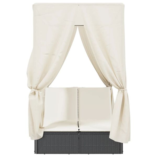 vidaXL Tumbona doble con techo y cortinas ratán sintético negro