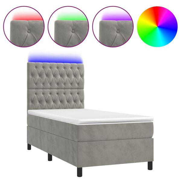 vidaXL Cama box spring colch&oacute;n y LED terciopelo gris claro 90x190 cm