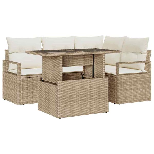 vidaXL Conjunto de sof&aacute; de jard&iacute;n 5 pcs Beige Polirat&aacute;n