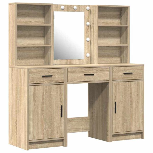 vidaXL Conjunto de mesa de vestidor con LED 3 pcs Roble Sonoma