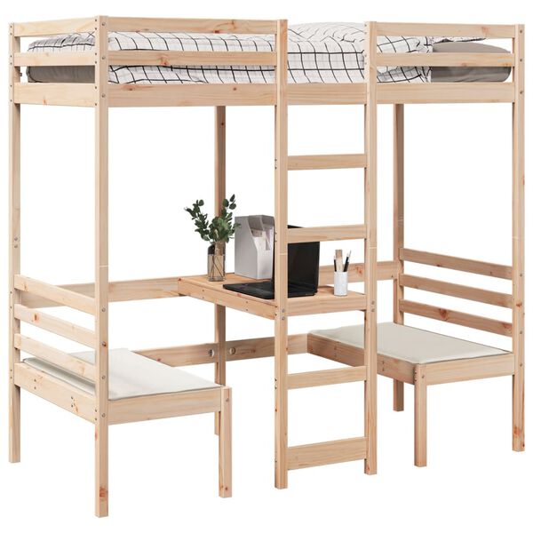 vidaXL Cama alta con escritorio y asientos madera maciza 90x190 cm