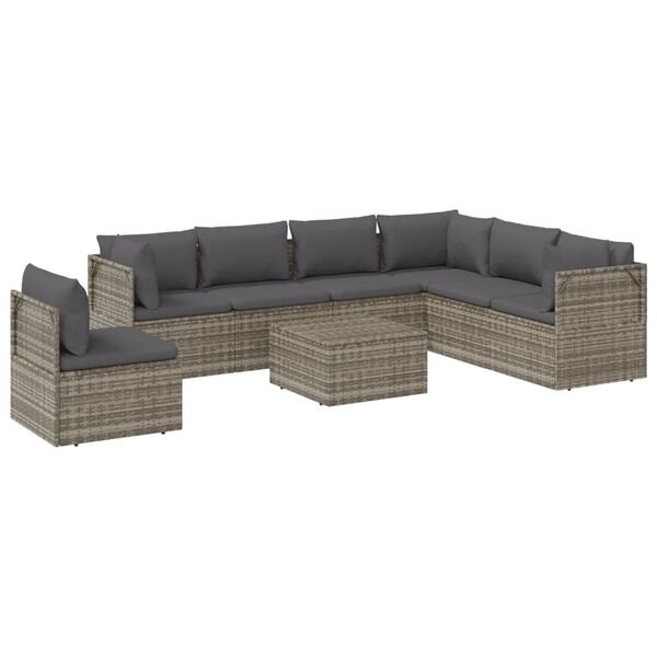 vidaXL Set de muebles de jard&iacute;n 8 pzas y cojines rat&aacute;n sint&eacute;tico gris