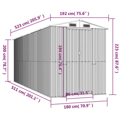 vidaXL Cobertizo de jardín acero galvanizado antracita 192x523x223 cm
