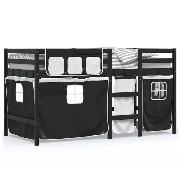 vidaXL Cama alta ni&ntilde;os con cortinas madera pino blanco negro 90x200 cm