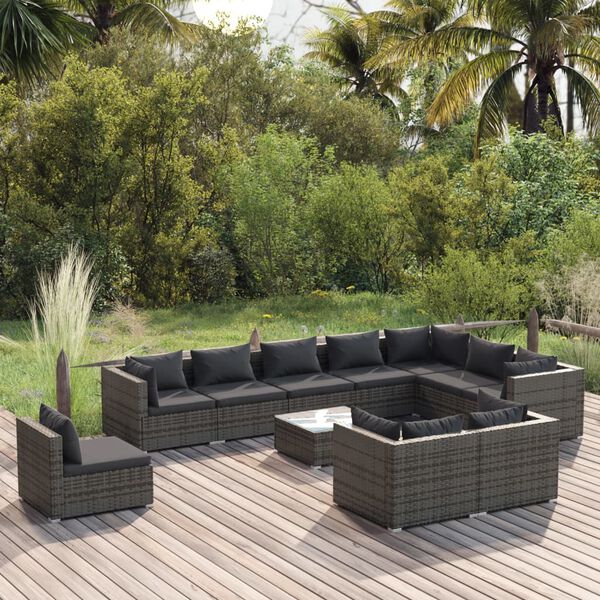 vidaXL Set de muebles de jard&iacute;n 11 pzas y cojines rat&aacute;n sint&eacute;tico gris