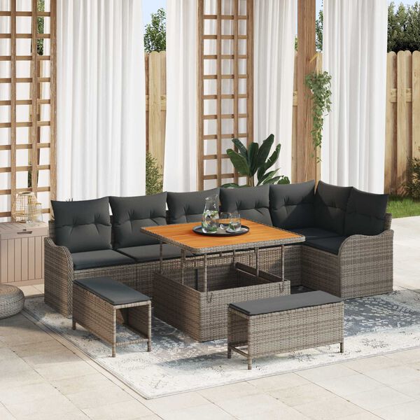 vidaXL Conjunto de sof&aacute;s de jard&iacute;n 9 pcs Gris rat&aacute;n sint&eacute;tico