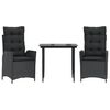 vidaXL Set comedor de jard&iacute;n 3 pzas con cojines rat&aacute;n sint&eacute;tico negro
