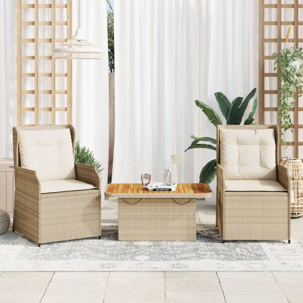 vidaXL Set muebles de jard&iacute;n 3 piezas y cojines rat&aacute;n sint&eacute;tico beige