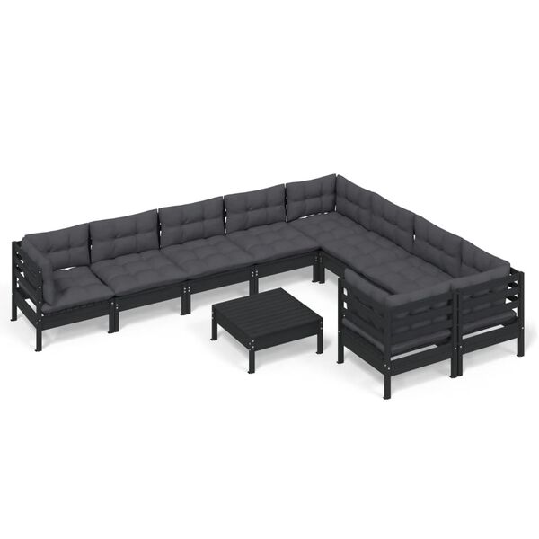 vidaXL Muebles de jard&iacute;n 10 pzas con cojines negro madera de pino