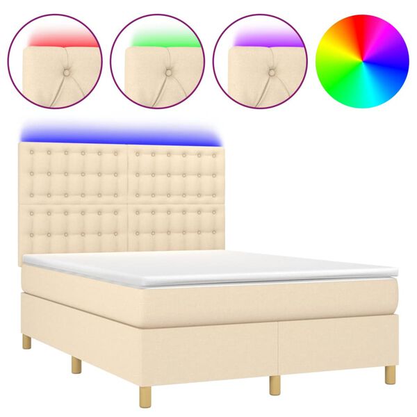 vidaXL Cama box spring colch&oacute;n y luces LED tela crema 140x200 cm