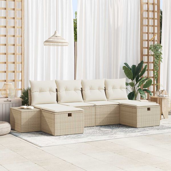 vidaXL Conjunto de sof&aacute; de jard&iacute;n 6 pcs Beige rat&aacute;n sint&eacute;tico