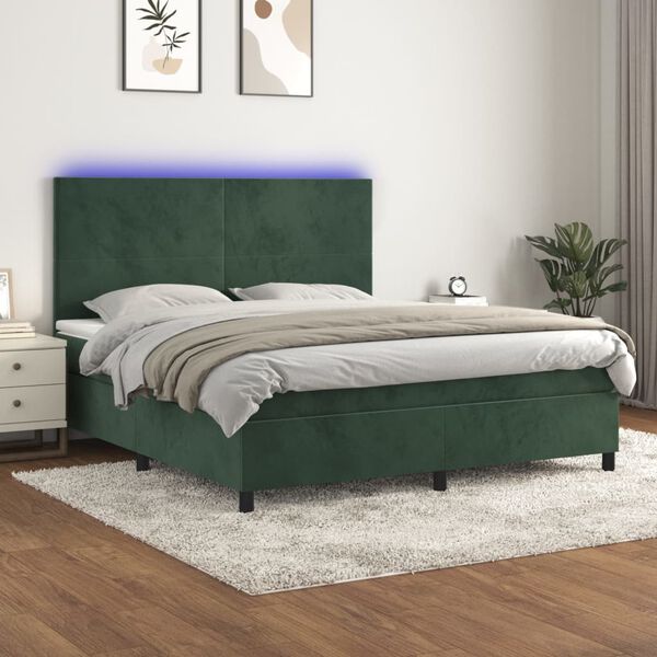 vidaXL Cama box spring colch&oacute;n y LED terciopelo verde oscuro 160x200cm
