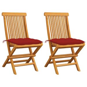 vidaXL Sillas plegables con cojines rojos, 2 unidades, madera maciza de teca.