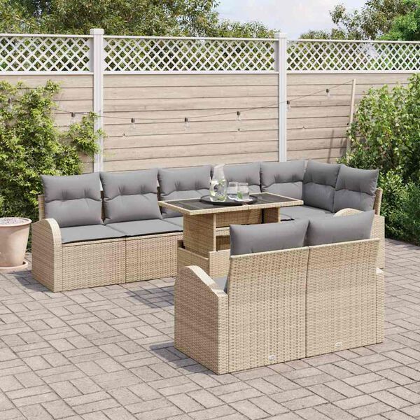 vidaXL Conjunto de sof&aacute; de jard&iacute;n con coj&iacute;n 9 pcs Beige Polirat&aacute;n