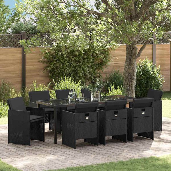 vidaXL Conjunto de Comedor de Jard&iacute;n 9 pcs Negro rat&aacute;n sint&eacute;tico