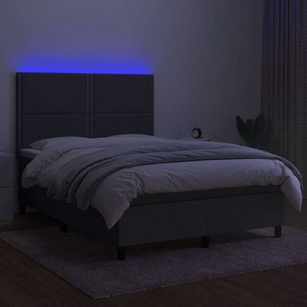 vidaXL Cama box spring colch&oacute;n y luces LED tela gris oscuro 140x190 cm