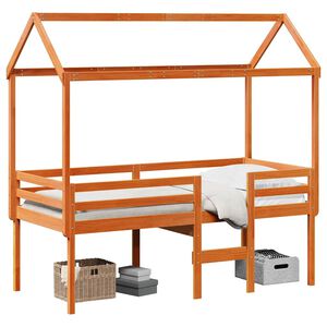 vidaXL Cama alta con techo madera maciza de pino marr&oacute;n cera 90x200 cm