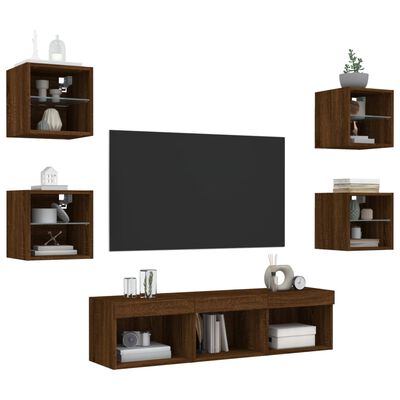 vidaXL Muebles TV pared con LED 7 pzas madera ingeniería marrón roble