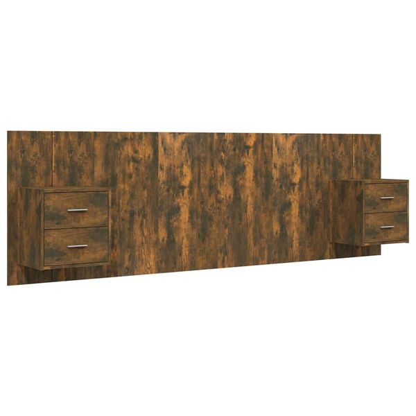 vidaXL Cabecero de cama y mesitas madera contrachapada roble ahumado