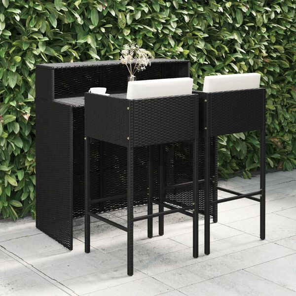 vidaXL Set muebles bar jardín 3 piezas y cojines ratán sintético negro