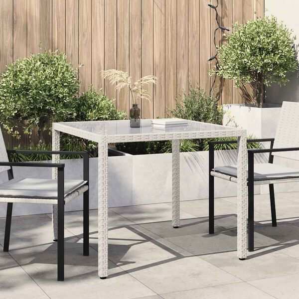 vidaXL Mesa jardín vidrio templado ratán sintético 90x90x75 cm blanco