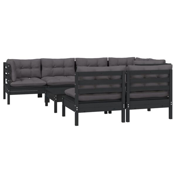 vidaXL Muebles de jard&iacute;n 8 pzas con cojines negro madera maciza pino