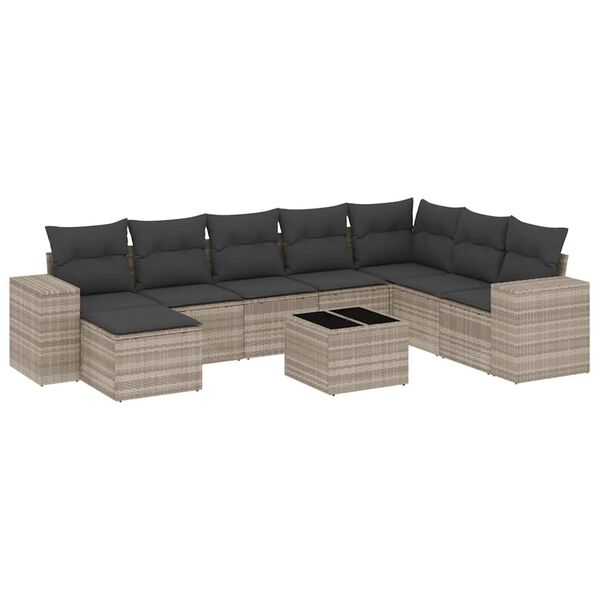 vidaXL Set muebles jard&iacute;n 9 pzas y cojines rat&aacute;n sint&eacute;tico gris claro