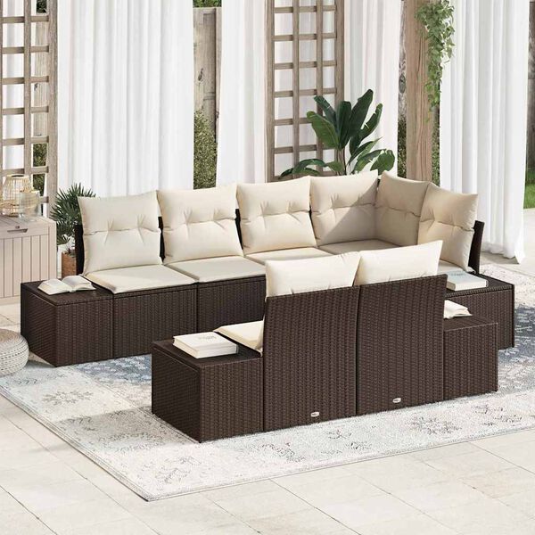 vidaXL Conjunto de sof&aacute; de jard&iacute;n 7 pcs Marr&oacute;n y crema Polirat&aacute;n