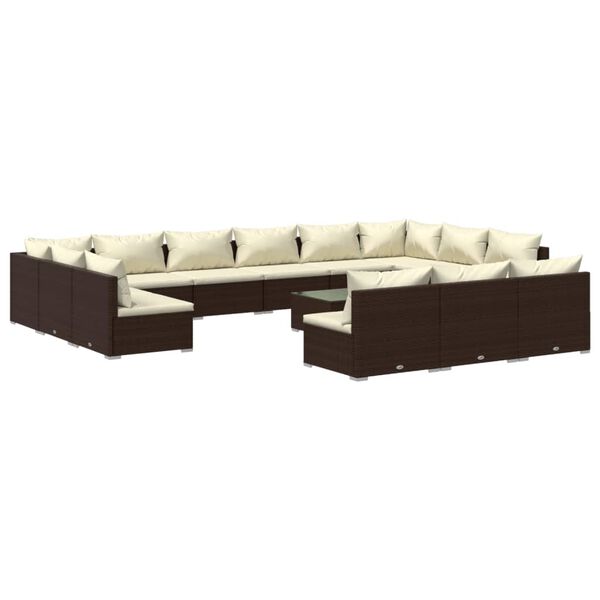 vidaXL Set muebles de jard&iacute;n 14 pzas y cojines rat&aacute;n sint&eacute;tico marr&oacute;n