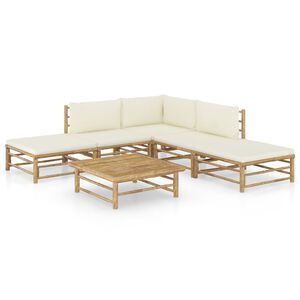 vidaXL Set de muebles de jard&iacute;n 6 piezas bamb&uacute; y cojines blanco crema