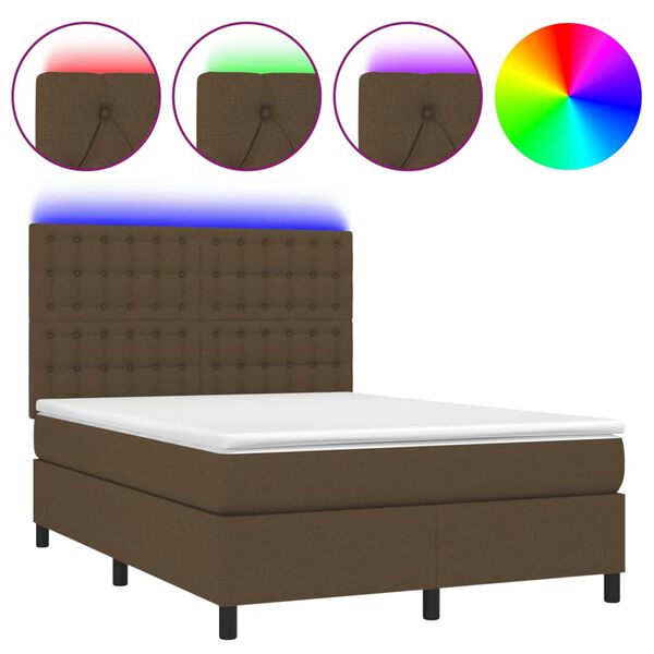 vidaXL Cama box spring colch&oacute;n luces LED tela marr&oacute;n oscuro 140x200cm